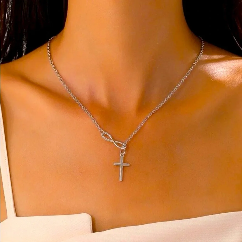 SILVER CROSS INFINITY SLIDE THRU NECKLACE - Picture 1 of 4